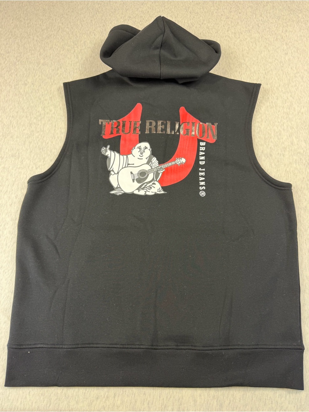 True Religion Men’s L Black Muscle Full Zip Hoodie Vest Buddha Graphic NWT